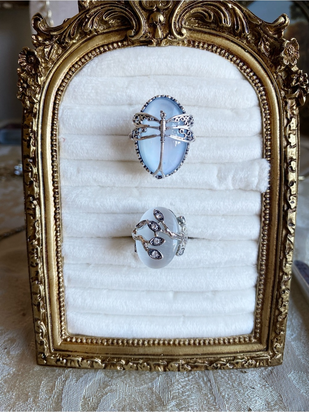 Silver Dragonfly & Leaf Opal Ring Set in Silvertone